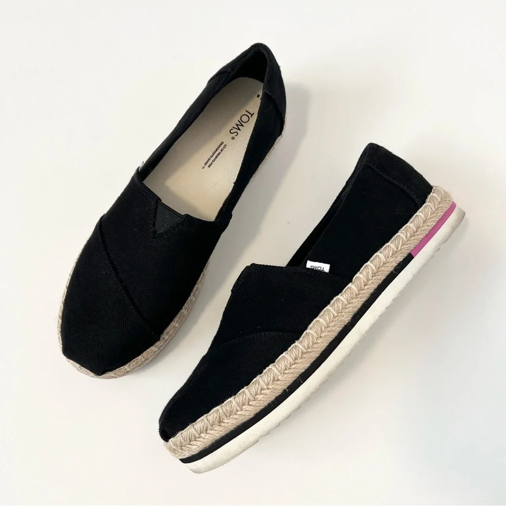 Toms Black Espadrille Platform Slip-Ons with Natural Jute Trim